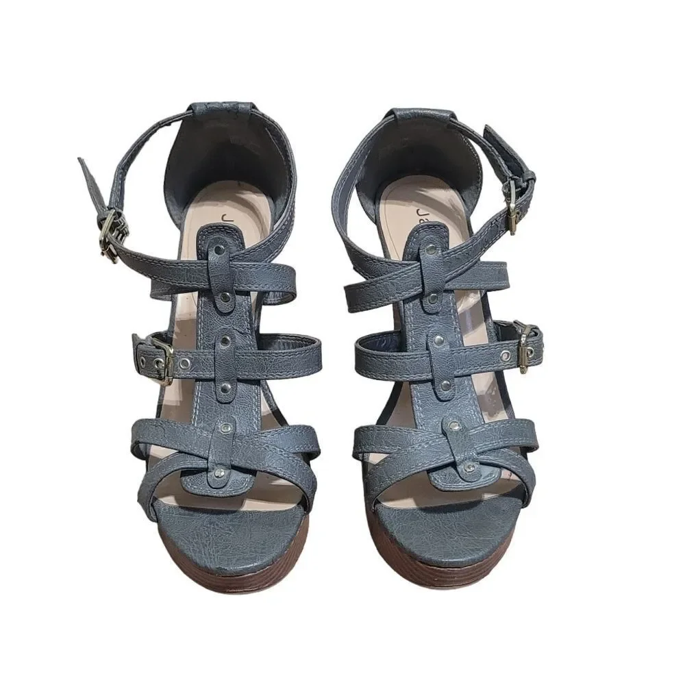 Grey Strappy Studded Wedge
